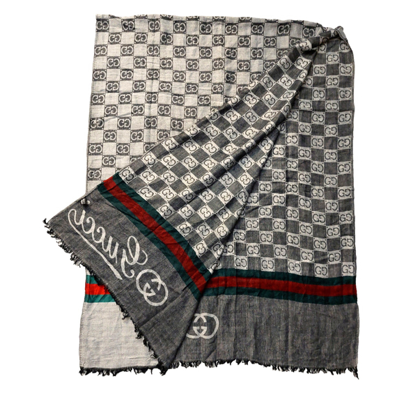Gucci Black Gray GG Logo Print Red & Green Stripe Cashmere Silk Scarf Pre-owned - Picture 4 of 16